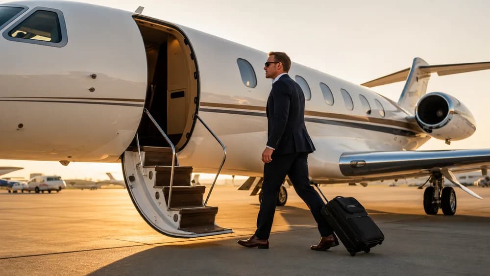 Passenger boarding a private jet on the ramp